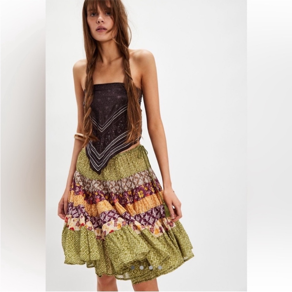 Free People Many Layers Bohemian Printed Floral Patchwork Skirt